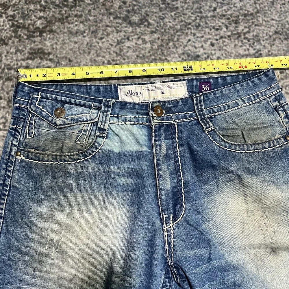 Akoo Jeans Mens 36x32 Blue Embroidered Denim Flap Pockets Streetwear Vintage Y2K